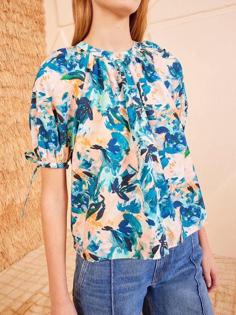 Ulla Johnson Vienne Delphinium Cotton Floral Puff Sleeve Top